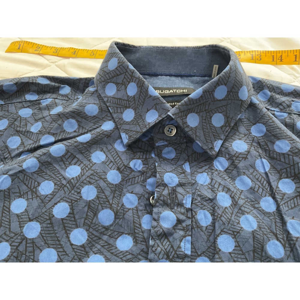 Bugatchi Uomo Mens Blue Black Polka Dot Shaped Fit Long Sleeve Button Down Shirt